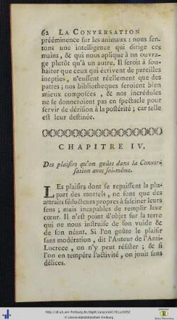 Chap. IV. Des plaisirs qu’on goûte dans la Conversation avec soi-même.