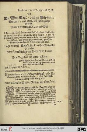 An die Röm. Kays. / auch zu Hispanien / Hungarn / und Böheimb Königliche Majestät. Allerunterthänigste Klag / und Bitt [...]