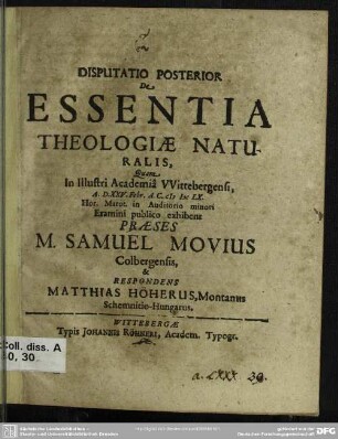 Disputatio posterior de essentia theologiae naturalis