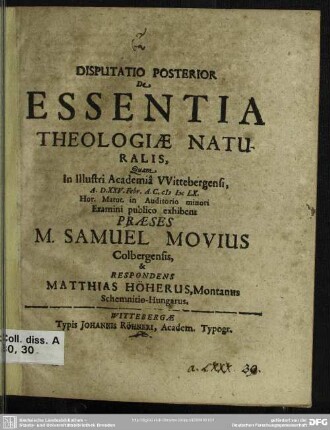 Disputatio posterior de essentia theologiae naturalis