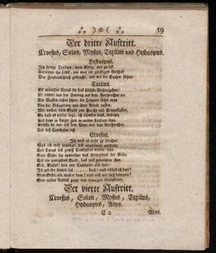Der vierte Auftritt. Croesus, Solon, Mysus, Taxilus, Hydaspus, Atys.