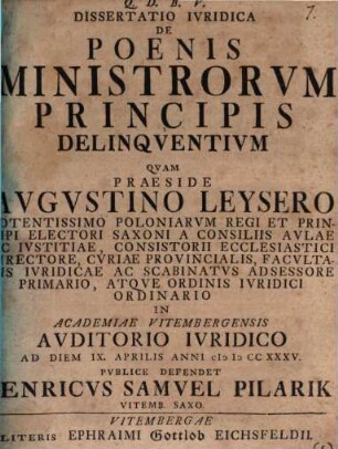 Dissertatio Ivridica De Poenis Ministrorvm Principis Delinqventivm