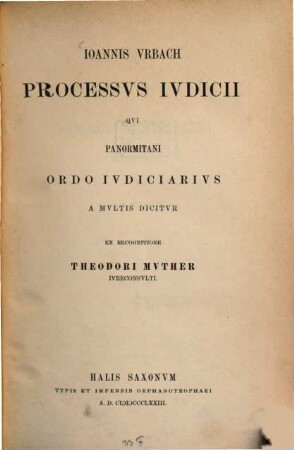 Processus iudicii, qui Panormitani ordo iudiciarius a multis dicitur