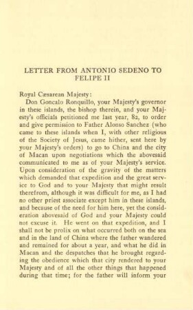 Letter from Antonio Sedeno to Felipe II