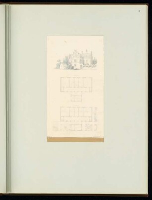 Krankenhaus Monatskonkurrenz August 1852: Grundriss Erdgeschoss, Obergeschoss, perspektivische Ansicht; Maßstabsleiste