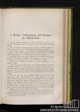 I. Wärme, Verbrennung und Heizung im Allgemeinen.