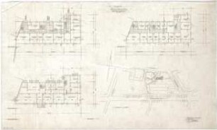 Gsaenger, Gustav; Kassel (Hessen); Kreuzkirche, Wiederaufbau - Eingabeplan Pfarrhaus (Lageplan, Grundriss Keller, Grundriss EG, Grundriss OG)