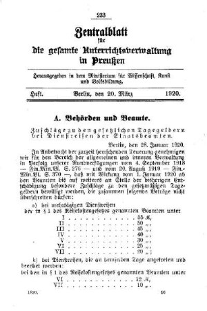 Zuschläge zu den gesetzlichen Tagegeldern bei Dienstreisen der Staatsbeamten : [A. Behörden und Beamte]