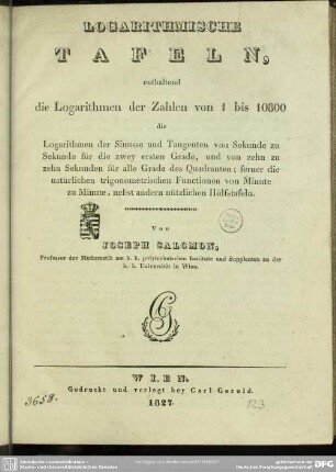 Logarithmische Tafeln : enthaltend die Logarithmen der Zahlen von 1 bis 10800