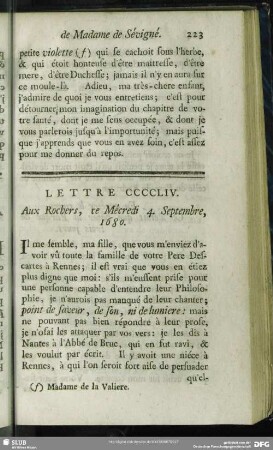 Lettre CCCCLIV. Aux Rochers, ce Mécredi 4. Septembre, 1680
