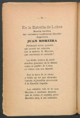 En la estrella de lobos : Muerte heróica del valiente y tradicional gaucho argentino Juan Moreira