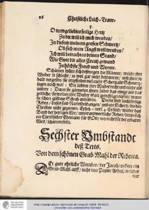 Sechster Vmbstandt deß Terts. Von dem schönen Grab-Mahl der Rebecca.