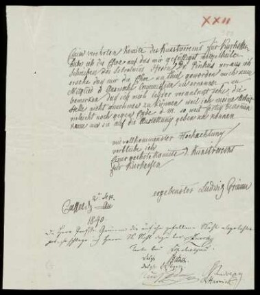 Brief von Ludwig Emil Grimm an Kurhessischer Kunstverein, Kassel