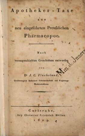 Apotheker-Taxe zur neu eingeführten Preussischen Pharmacopoe