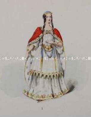 Frau in weißem edelsteingeschmückten Gewand und rotem Umhang, mit langen Zöpfen - Tafel aus Franceschini/Neue Kostümsammlung (Kassette 3)