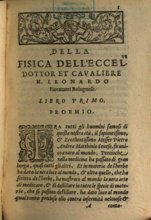 Della Fisica Dell'Eccellente Dottore Et Cavaliero M. Leonardo Fioravanti Bolognese : Divisa in Libri Quattro