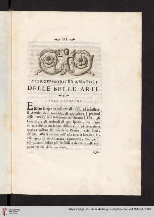 Ai Proffessori, ed Amatori delle belle Arti