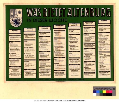 Originaltitel: Was bietet Altenburg in dieser Woche 18. Oktober bis 24. Oktober 1948 Mitgeteilt vom Städtischen Kulturamt Altenburg