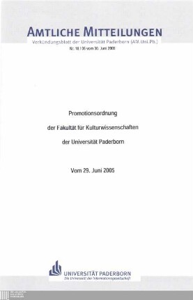 Promotionsordnung der Fakultät für Kulturwissenschaften der Universität Paderborn : vom 29. Juni 2005