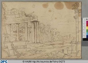 Ruinenlandschaft mit Tempel und Sarkophag zur Linken