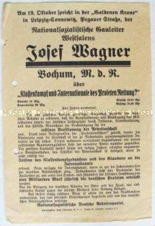 Propagandaflugblatt der NSDAP Leipzig mit der Ankündigung eines Auftritts des Gauleiters von Westfalen Wagner