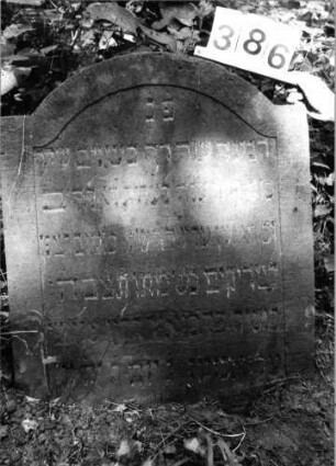 Grabstein 386 (Index: 99803615) Material: Sandstein Zustand: leicht eingesunken Maße HxBxT: 73x63x10 cm Beschreibung: Stele mit Karniesbogen und profiliertem Rand: Grabstein 386