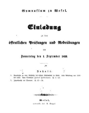 Gymnasium zu Wesel : Einladung zu den öffentlichen Prüfungen am Donnerstag den 1. September 1853