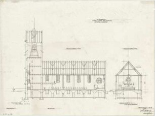 Gsaenger, Gustav; München - Obermenzing, Grünspechtstr. 13; Ev. Notkirche, Bethlehems Kirche, Pfarrhaus - Längsschnitt, Querschnitt