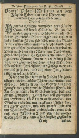 Pontii Pilati Missiven an den Käyser Tiberium und Neronem von dem Tode und Aufferstehung JEsu Christi