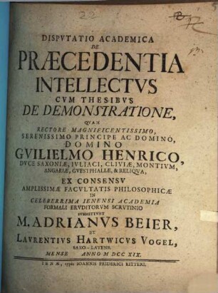 Disp. acad. de praecedentia intellectus cum thesibus de demonstratione
