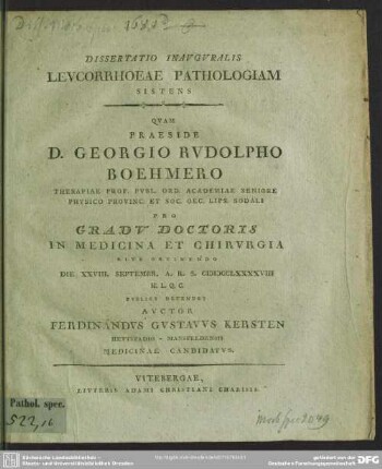 Dissertatio Inauguralis Leucorrhoeae Pathologiam Sistens