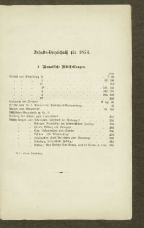 Inhalts-Verzeichniß für 1874