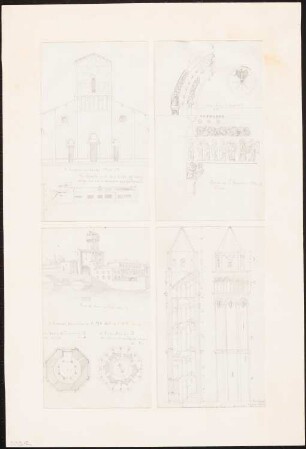S. Frediano, S. Giovanni, Lucca. Ponte di Mare, Campanile, Pisa: S. Frediano Ansicht, perspektivische Ansicht Glockenturm, S. Giovanni Details, Ponte di Mare Grundrisse und perspektivische Ansicht, Campanile Ansicht und Querschnitt