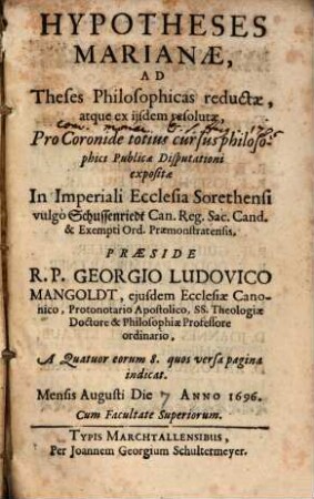 Hypotheses Marianae ad theses philosophicas reductae