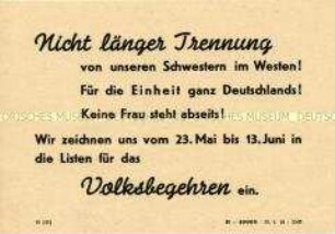 Handzettel des DFD mit dem Aufruf an alle Frauen zur Einzeichnung beim Volksbegehren für Einheit und gerechten Frieden