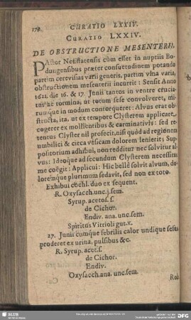 Curatio LXXIV. [Curatio LXXVII.] De Obstructione Mesenterii
