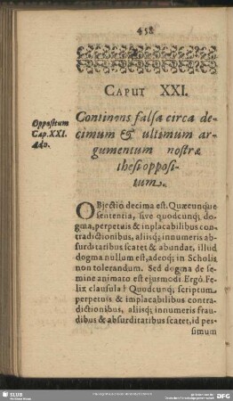 Caput XXI. Continens falsa decimum & ultimum argumentum nostrae thesi oppositum