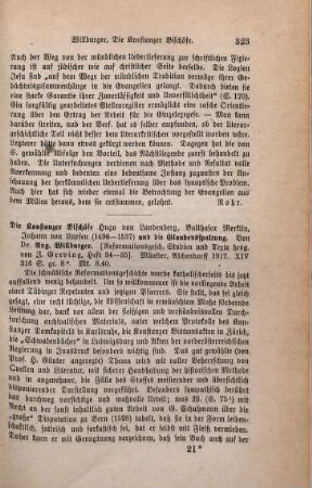 323-325 [Rezension] Willburger, August, Die Konstanzer Bischöfe Hugo von Landenberg, Balthasar Merklin, Johann von Lupfen (1496 - 1537) und die Glaubensspaltung