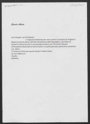 Brief an Giorgio Napolitano, o.D.