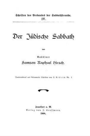 Der jüdische Sabbath / von Samson Raphael Hirsch