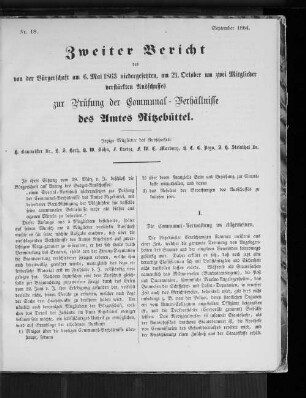 Nr. 18. Zweiter Bericht des von der Bürgerschaft am 6. Mai 1863 niedergesetzten, am 21. October um zwei Mitglieder verstärkten Ausschusses zur Prüfung der Communal-Verhältnisse des Amtes Ritzebüttel. September 1864.