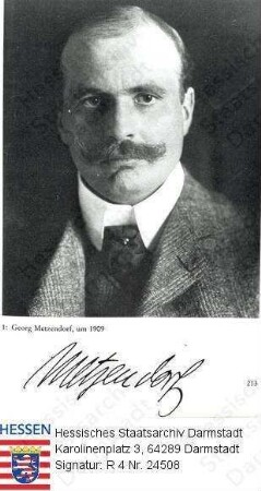 Metzendorf, Georg Prof. (1874-1934) / Porträt, Brustbild, mit Bildlegende und faks. Unterschrift