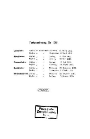 Ferienordnung für das Jahr 1915