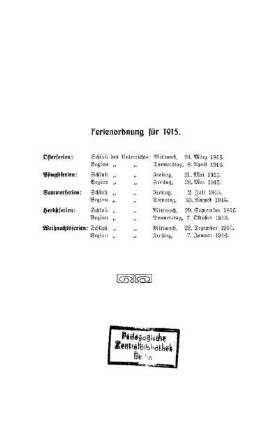 Ferienordnung für das Jahr 1915