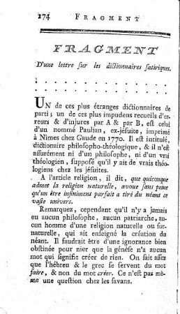 Fragment d'une lettre sur les dictionaires satiriques.
