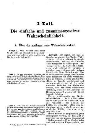 I. Teil. Die einfache und zusammendestzte Wahrscheinlichkeit.