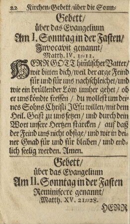 Gebett/ über das Evangelium Am I. Sonntag in der Fasten/Invocavit genannt/ ...