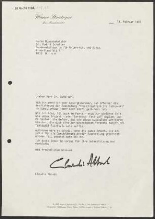 Brief an Rudolf Scholten an Bundesministerium für Unterricht und Kunst, 14.02.1991