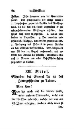 XIII. Brief - Schreiben des General Lee an den Zeitungsschreiber zu Trenton