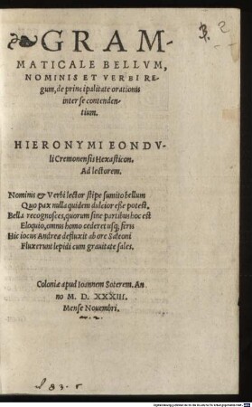 Grammaticale Bellvm, Nominis Et Verbi Regum, de principalitate orationis inter se contendentium
